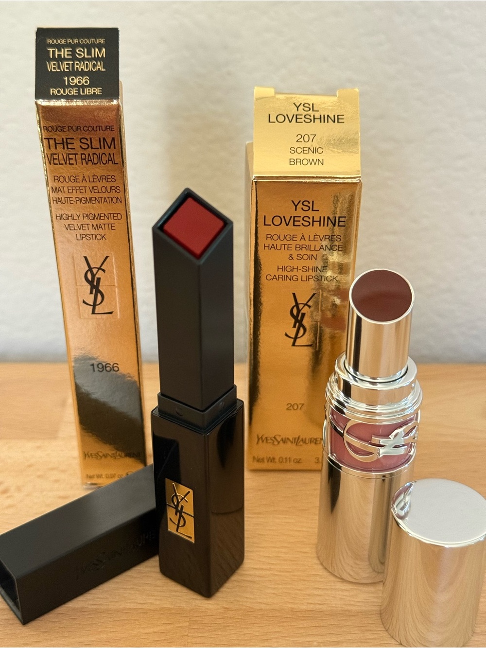 YSL Velvet & Loveshine Lipstick Duo - Red & Brown Shades (1966 + Loveshine 207)